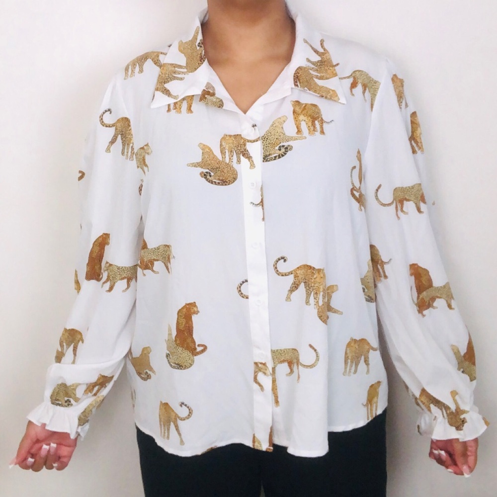 Leopard Print 2X PLUS SIZE White Brown Art Deco Long Sleeve Button Down Blouse